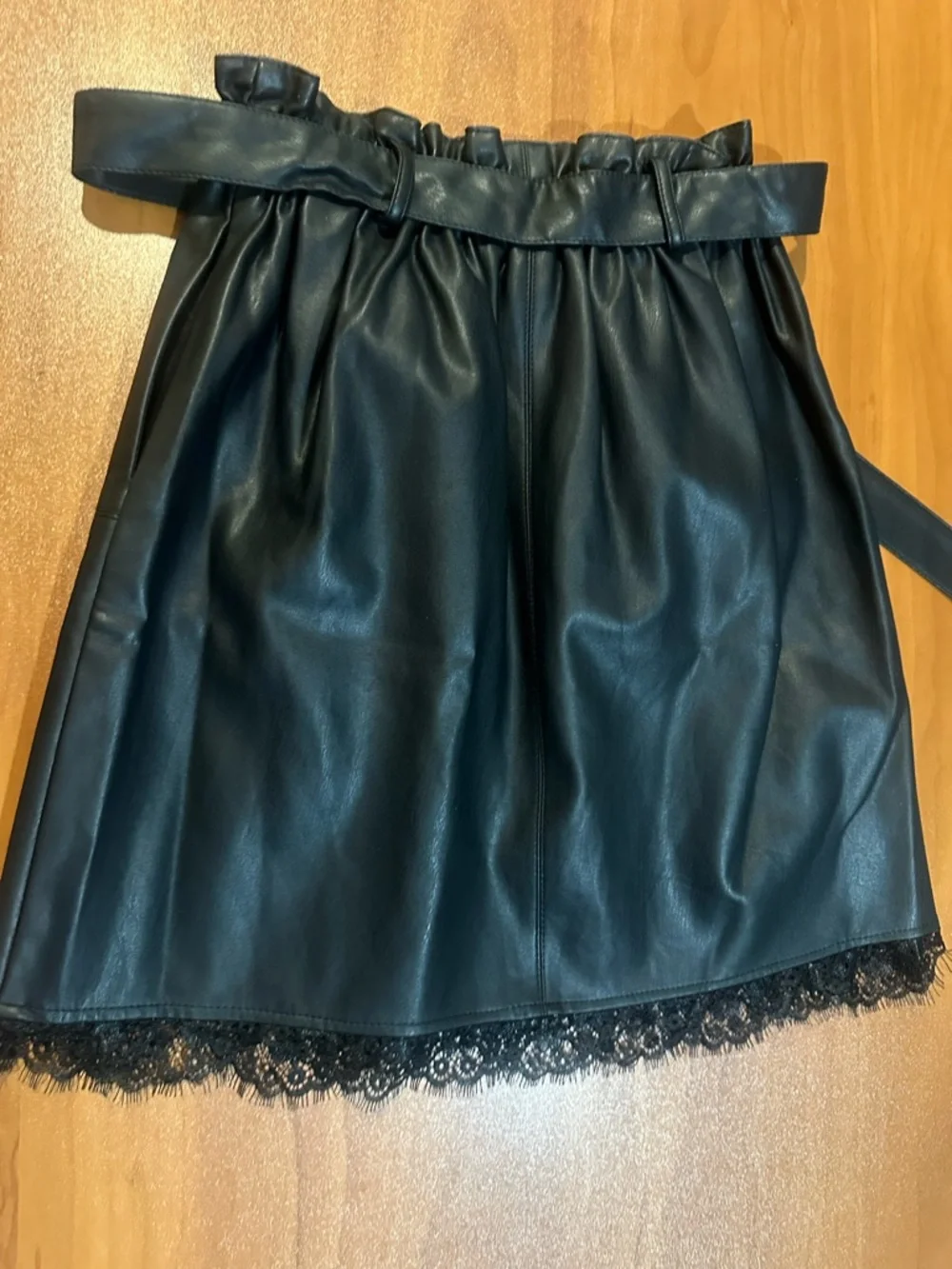 Zara Black Faux Leather Mini Skirt with Lace Trim - Size S